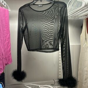 Love Culture Black Mesh Top with Feather Cuffs